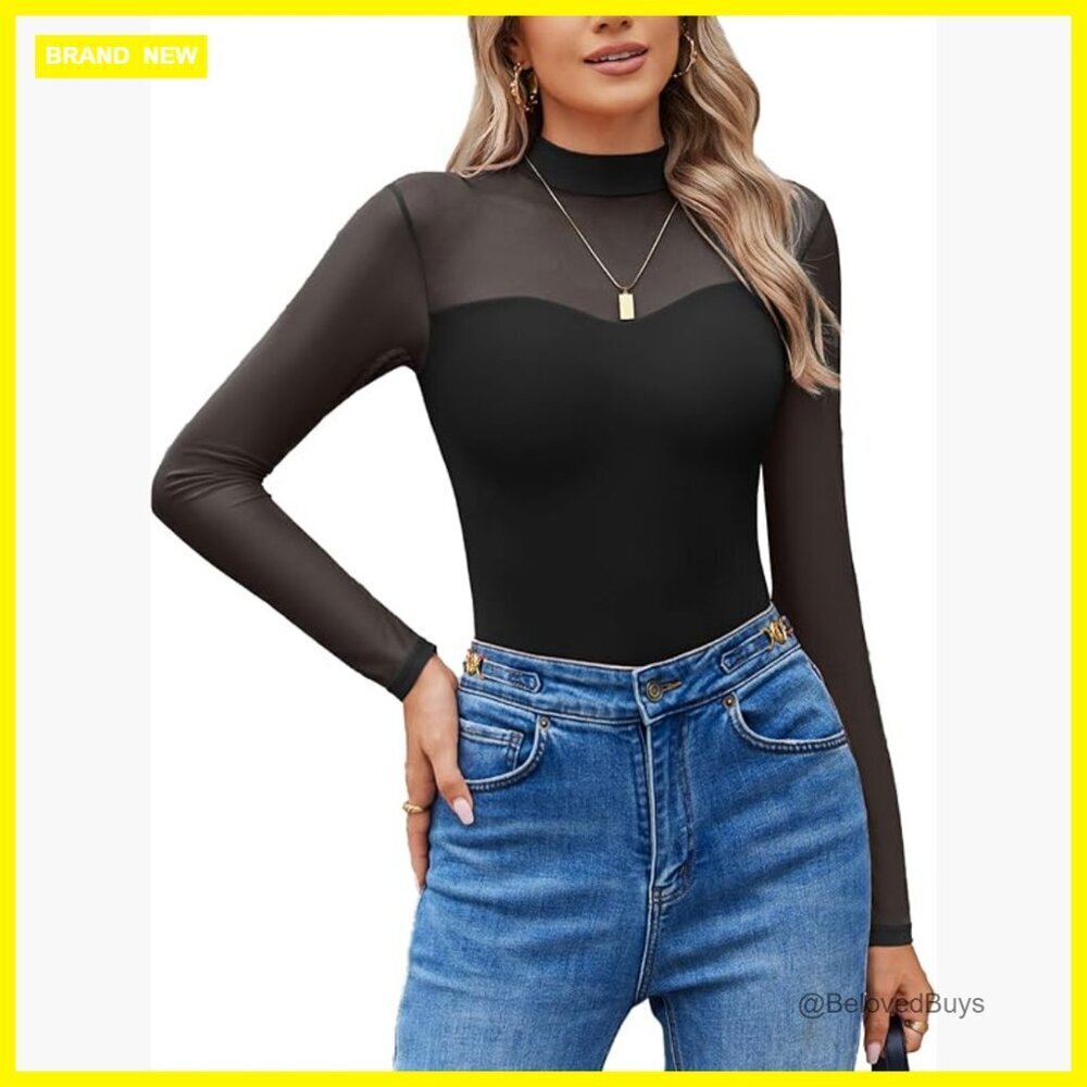 Long Sleeve Mock Neck Bodysuit Sheer Mesh Sleeves Double Lined Shapewear Top